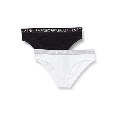 Image of Emporio Armani Women&#039;s Iconic Cotton 2 Pack Thong Underwear, White/Black, XL (Pack of 2)