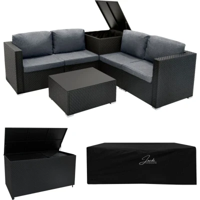 Image of Rattan Garden Furniture Modular 6 Piece Set &amp; 2 Storage Boxes 700L 250L Black 4 Seater Sofa Sectional Chairs With Cushions Table Waterproof Lining Chest Gas Lift Lid Wheels Outdoor Rain Cover
