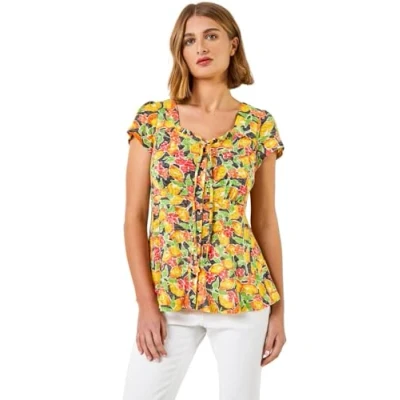 Image of Roman Womens Lemon Print Tie Detail Top Yellow Denim Size 20 UK
