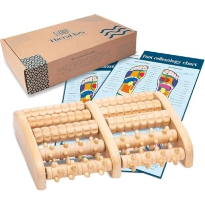 Image of TheraFlow Dual Foot Massager with Acupressure Rollers for Myofascial and Plantar Fasciitis Relief Includes Reflexology Chart User Guide Wood