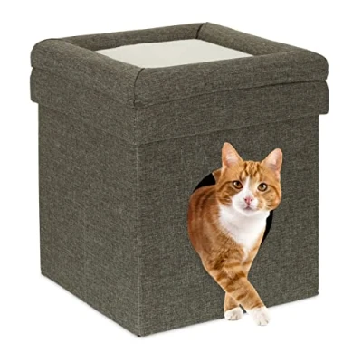 Image of Relaxdays Indoor Cat Cave, Retreat for Cats and Small Dogs, Animal Hideout 2 Levels, H x W D: 44 38 cm, Grey