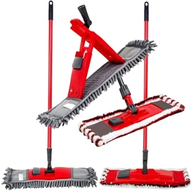 Image of Microfibre Flat &amp; Noodle Head Floor Mops For Cleaning Floors Wet or Dry Dust Mop Laminate, Vinyl, Tile, Bathroom Kitchen (Flat Long Handle, 1 Mop)