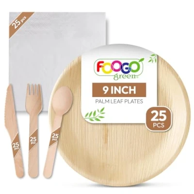Image of FOOGO Green 125pcs Disposable Palm Leaf Plates, Wooden Cutlery Set and White Napkins, FSC® Certified, 25x Large Round Forks, Knives, Spoons, Eco Friendly