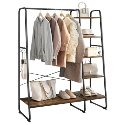 Image of VASAGLE Clothes Rail Rack with Shoe Rack, 5 Tier Storage 6 Side Hooks, for Bedroom, Living Room, Rustic Brown and Black RGR116B01
