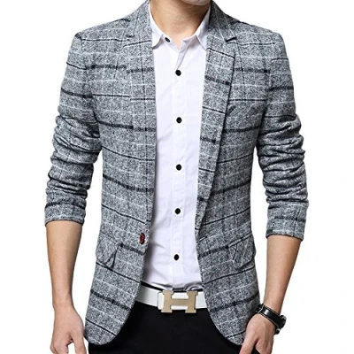 Image of Men&#039;s Blazer Slim Fit Casual One Button Suits Coat Tweed Jacket Checkered (Tag L(UK 40), Gray)