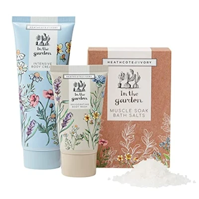 Image of Heathcote &amp; Ivory In The Garden Wellness Gift Care Hamper 100ml Body Cream, 50ml Wash 200g Bath Salts Cruelty Free Vegan Friendly