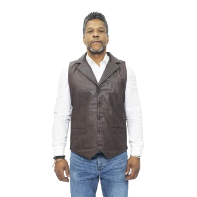 Image of Men&#039;s Classic Smart Conker Brown Leather Waistcoat M