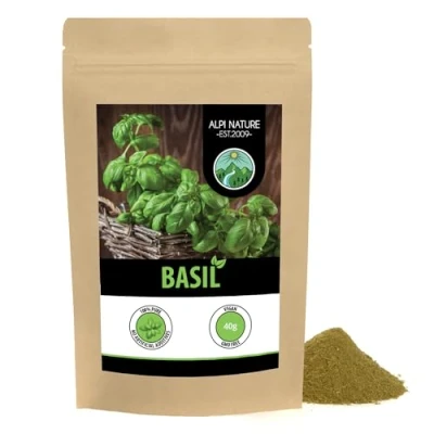 Image of ground basil (40g, 1.4oz), powder, 100% natural and without additives, gently dried powder
