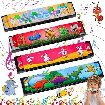 Image of Pack of 4 Harmonica for Children, 16 Hole Children&#039;s Harmonica, Colour Toy, Various Colourful Cartoon Pattern Designs, Very Suitable Beginners, Students