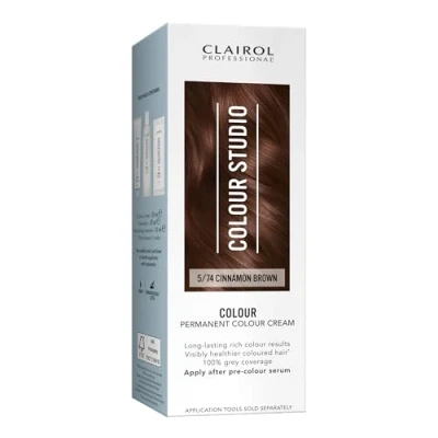 Image of Clairol Colour Studio Permanent Cream Hair Dye Long lasting Rich Tones 100% Grey Coverage Dermatologically Tested Vegan Formula Colouring Kit Cinnamon Brown 5/74 I 50ml