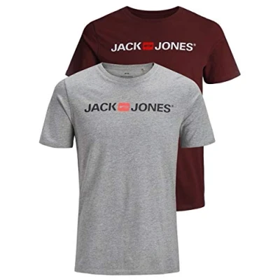 Image of JACK &amp; JONES Men&#039;s JJECORP LOGO TEE SS CREW NECK, Light Grey Melange/2 PACK W.PO, S