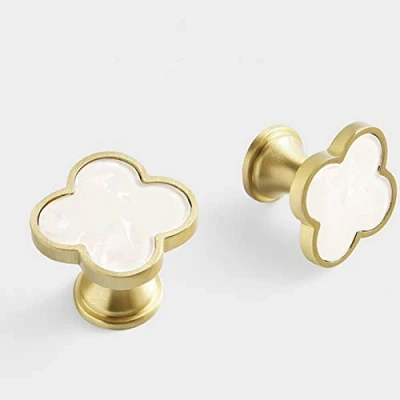 Image of Decorative White Shell Kitchen Cabinet Knobs Clovers Brass Drawer Dresser Pulls Wardrobe Cupboard Door Handles Marble 4Pack (4)