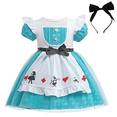 Image of Lito Angels Alice in Wonderland Princess Fancy Tulle Dress Costume with White Apron and Hair Hoop for Kids Girls Age 4 5 Years