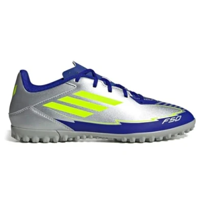 Image of adidas Unisex F50 Club Football Boots Turf, Silver met./Solar Yellow/Lucid Blue, 8.5 UK
