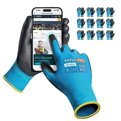 Image of KAYGO Work Gloves PU Coated 12 Pairs Touchscreen, KG11PLE, Safety Working with Secure Grip on Palm &amp; Fingers, for Men and Women, Ideal General Duty Work, Gardening (Large, Blue)