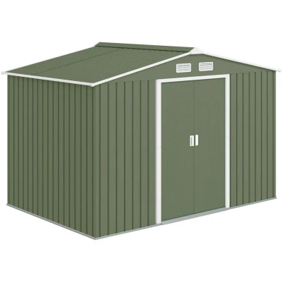 Image of Outsunny 9 x 6ft Metal Garden Shed, Outdoor Storage Tool House with Ventilation Slots, Foundation Kit and Lockable Double Doors, Light Green