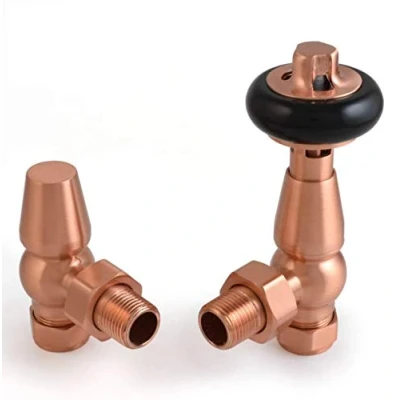 Image of Faringdon Traditional Thermostatic Radiator Valve Set Brushed Copper Valves Angled TRV &amp; Lockshield