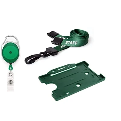 Image of Staff Lanyard Neck Strap with Safety Breakaway 15mm, Badge Pass ID Card Holder Credit Size and Retractable Keyring Premier YoYo Reel (Green Plastic)