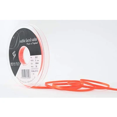 Image of Berisfords 3501 3mm 6844 Fluorescent Orange Double Satin Ribbon x 30mtr, Flo, 3 mm