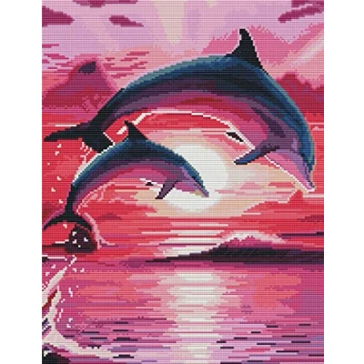 Image of Abillyn Embroidery Cross Stitch Kits Sunset Dolphins Ocean Stamped with Printed Pattern Starter Kit (Dolphins)