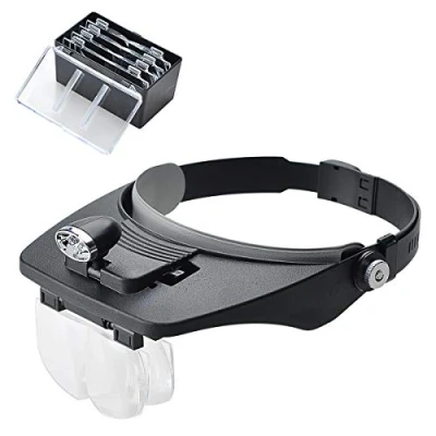 Image of COVVY Headband Magnifier with 2 LED Light,Handsfree Headset Loupe Head Mounted Magnifying Glasses 4 Detachable Lenses for Reading,Electronic Repair,Jewelry,Sewing,Crafts,Watch (Black)
