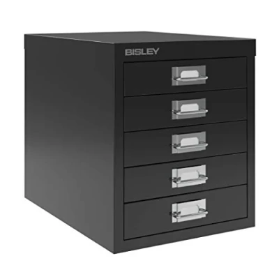 Image of Bisley 5 Drawer Desktop Cabinet Small Filing or Office Desk Organiser Perfect for A4 Document and Stationery Storage in the Home Office. Iconic Metal Multi Design. (Black)