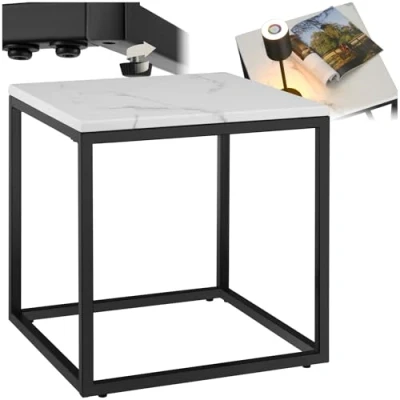 Image of TecTake® Marble Coffee Table in Cubic Design with Removable Top, Sturdy Steel Frame &amp; Height Adjustable Feet, Easy Assembly, Square Side for Living Room, Bedroom Hallway White/Black