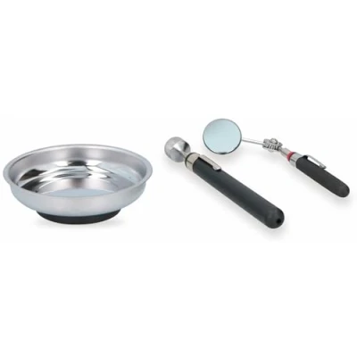 Image of 3 Piece Magnetic Pick Up Tool Set Kit Stainless Steel Parts Tray Dish With Telescopic Extendable Grabber &amp; Inspection Mirror Loose Nuts Bolts Screws Metal Keys Tools Garage
