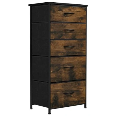 Image of YITAHOME Chest of Drawer With 5 Drawers for Bedroom Fabric Dresser Storage Handles Metal Frame Living Room, Hallway, Nursery, Rustic Brown