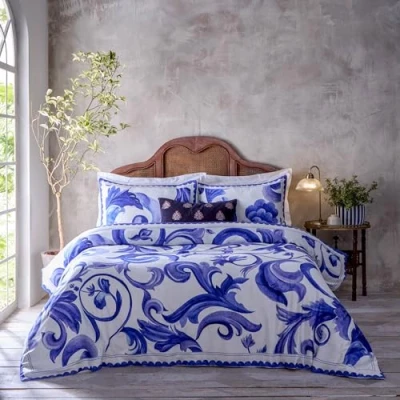Image of Paoletti Azzurro Printed Cotton Duvet Set Blue Double