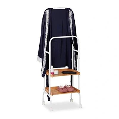 Image of Relaxdays Valet Stand On Wheels, Clothes Rail With 2 Shelves, Metal &amp; Bamboo Towel Stand, 129 x 42 32 cm, White