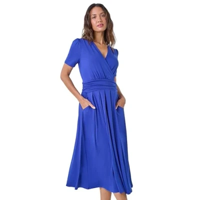 Image of Roman Womens Gathered Wrap Stretch Midi Dress Blue Size 16 UK