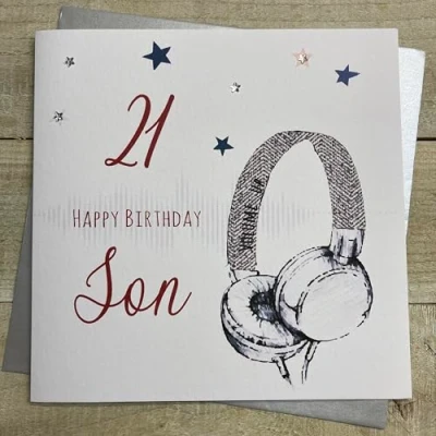 Image of WHITE COTTON CARDS Large Handmade 21 Happy Son Headphones Birthday Card, White, XSB54 S21