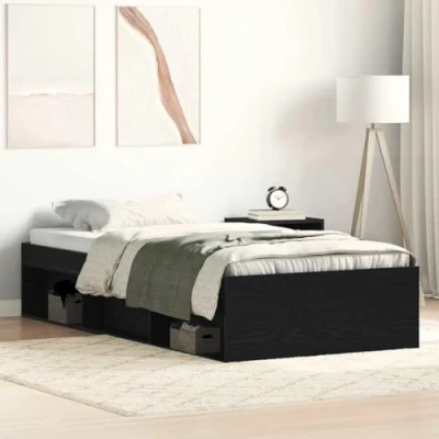 Image of vidaXL Single Engineered Wood Bed Frame Black Oak Finish Modern Design with Headboard/Footboard 90x200 cm