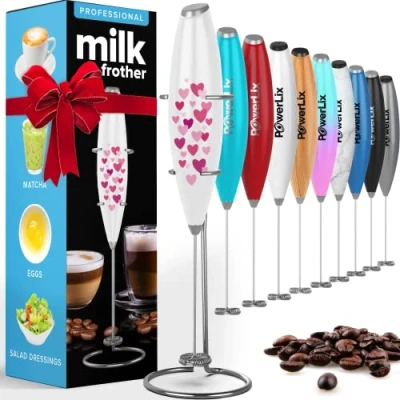 Image of PowerLix Milk Frother Handheld Whisk Electric Foamer with Stainless Steel Stand,15 20s, Powerful 19000rpm, Mini Drink Mixer Coffee for Latte, Cappuccino, Hot Chocolate