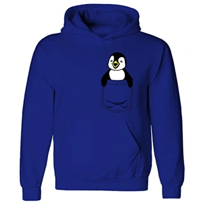 Image of Youth Kids Childrens Penguin Cute Animal Pocket Print Pullover Hoodie Royal Blue 9 11 Years (L)