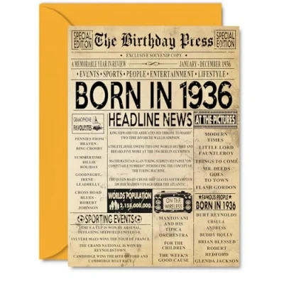 Image of 89th Birthday Card for Men Women Bday Press Newspaper 1936 Happy 89 Cards Dad Auntie Nanny Nan Grandma Grandad, A5 Greeting