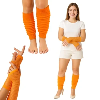 Image of FNA Fashions Womens Neon Long Fishnet Gloves and Leg Warmers Ladies Fancy Hen Night 80’s Party Novelty Dress (Long Gloves+Leg Warmer, Orange)