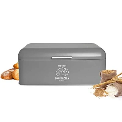 Image of Sendez Large Metal Bread Bin with Hinged Lid 42 x 22.5 17 cm in Retro Look Grey