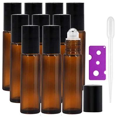 Image of JamHooDirect 10Pcs, 10Ml Essential Oils Roll on Bottles Travel Refillable Amber Glass Roller with Stainless Steel Balls, (Includes 1 Bottle Opener &amp; 12Pcs Label)