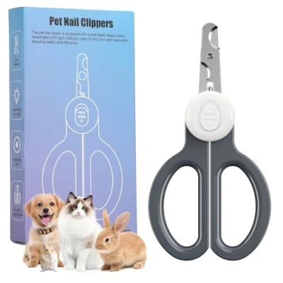 Image of Euqvunn Cat Nail Clippers, Professional Claw Clipper with Dual Blade, Removable LED Lighting, Suitable for Kittens, Rabbits, Guinea Pigs, Birds, Puppies, Medium and Small Animals（Gray White）