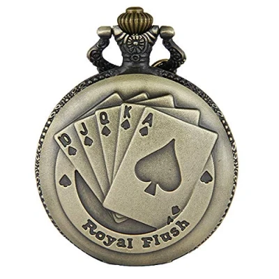 Image of JewelryWe Steampunk Antique Royal Flush Poker Cards Pocket Watch with 31.5&quot; Chain for Women Men