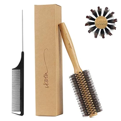 Image of Round Hair Brush Women Bamboo with Pin Tail Comb Natural Boar Bristle for Blow Drying and Men to Style Curling or Straightening Adds Shine Makes Smooth