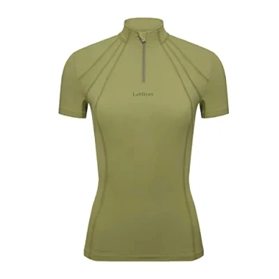 Image of LeMieux Mia Mesh Base Layer in Moss Women&#039;s Short Sleeve Top Lightweight Sweat Wicking 360 Degree Stretch Equestrian Activewear UK 12