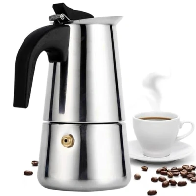 Image of GEEZY 2 Cup Espresso Pot Italian Coffee Shot Maker Moka Cooker Gas Electric Ceramic Stovetop Stainless Steel Portable Silver 100ml