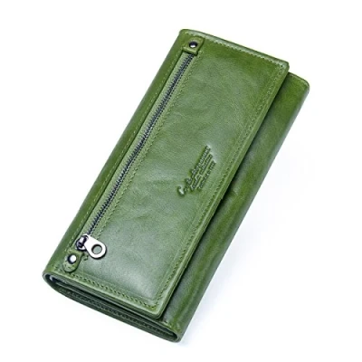 Image of Contacts Women Real Leather Zipper Coin Clutch Purse Phone Wallet (Green)