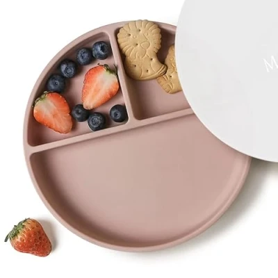 Image of Moonkie Suction Plates for Babies &amp; Toddlers BPA Free Weaning Plate with Lid Silicone Divided Microwave and Dishwasher Safe 1 Pack (Blush)