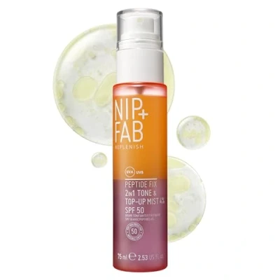 Image of Nip+Fab Peptide Fix 2 in 1 Tone &amp; Top Up Mist, 4% SPF 50, Replenish and Rehydrate your Skin, Sun Protection On the Go,Plumping, Hydrating, Improving Appearance of Fine Lines, 75ml