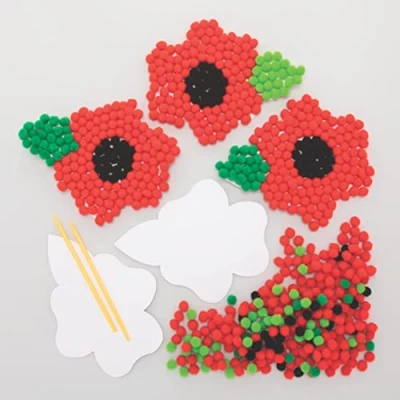 Image of Baker Ross Poppy Pom Art Kits Pack of 5, Kids Remembrance and Armistice Day Craft (FE782)