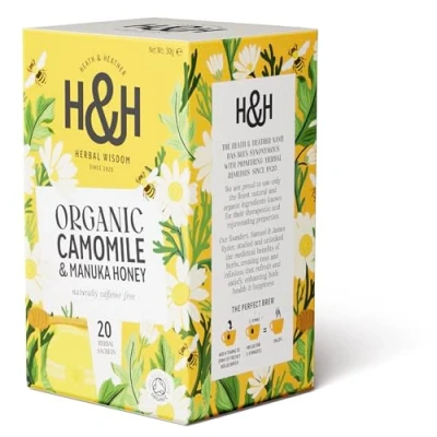 Image of Heath &amp; Heather Organic Camomile Manuka Teabags Individually Wrapped Caffeine Free Herbal Tea Infusions 1 Pack of 20, Total 20 Bags